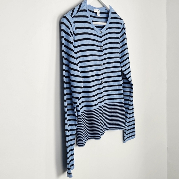 J. Jill Cotton Blend Long Sleeve Blue Striped Crewneck Cardigan Sweater Size M - Picture 2 of 9